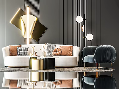 Luxury Modern Sofa And Coffee Table Set With Velvet Armchair Decorative Pillows And Pendant Lights 3d model