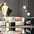 Luxury Modern Sofa And Coffee Table Set With Velvet Armchair Decorative Pillows And Pendant Lights