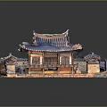 Cartoon Scene of Traditional Chinese Pavilion with Tiled Roof Wooden Balcony Stone Base and Water Reflection