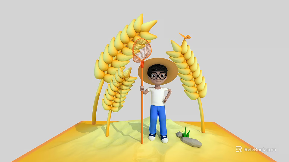 Cartoon Farmer Character With Straw Hat Holding Net Near Wheat Ears And Small Stone 3d model 