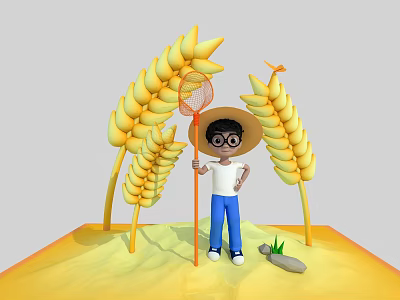 Cartoon Farmer Character With Straw Hat Holding Net Near Wheat Ears And Small Stone 3d model