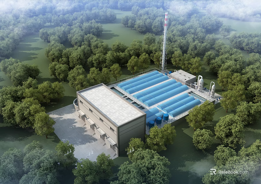 Modern Industrial Factory Building With Blue Roof Surrounded by Lush Green Trees And Tall Chimney 3d model 