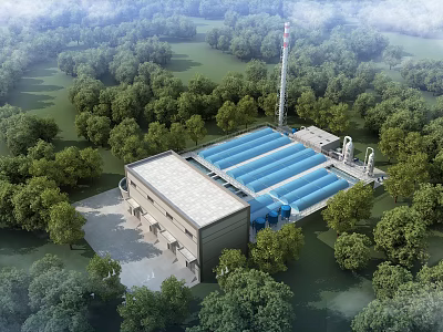 Modern Industrial Factory Building With Blue Roof Surrounded by Lush Green Trees And Tall Chimney 3d model