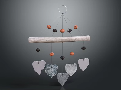 Decorative Hanging Ornament With Wooden Stick Orange Black Beads And Gray White Heart Shaped Pendants 3d model