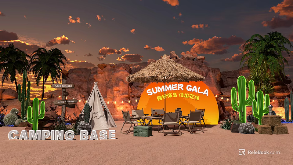 Summer Outdoor Tea Break Area with Tepee Cactus Palm Trees and Sunset Rock Background 3d model 