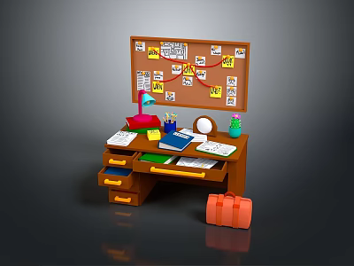Brown Home Office Desk With Bulletin Board Notes Lamp Drawers And Orange Box 3d model