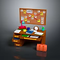Brown Home Office Desk With Bulletin Board Notes Lamp Drawers And Orange Box