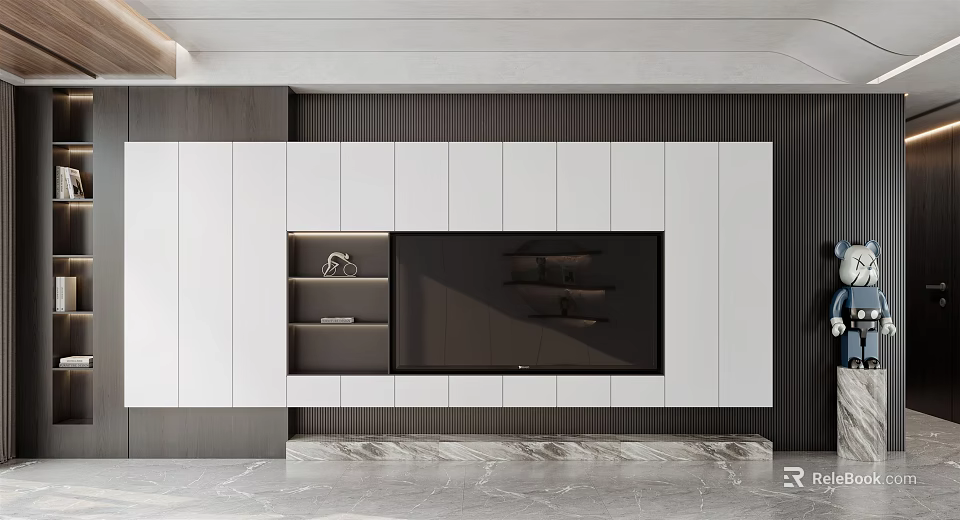 Modern TV Wall With Dark Vertical Stripes White Cabinets Built in TV And Open Shelves 3d model 