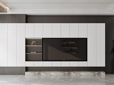 Modern TV Wall With Dark Vertical Stripes White Cabinets Built in TV And Open Shelves 3d model