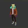 Cat Face Character Wearing Leopard Print Jacket White T-shirt And Dark Pants