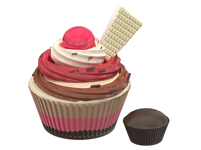 Delicious Cupcake With Colorful Cream Cherry And Waffle Stick Near Chocolate Cup 3d model