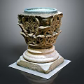 Intricately Carved Stone Decorative Pedestal With Ornate Patterns And Circular Top