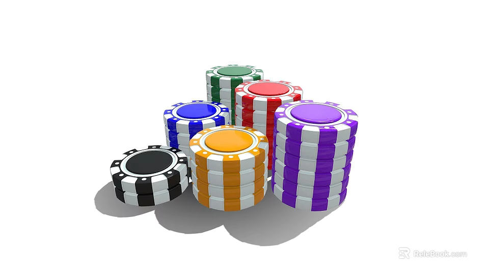 Multiple Stacks of Colorful Poker Chips in Various Colors with White Edges 3d model 