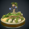Cartoon Scene Featuring Tree Spirit With Glowing Blue Orbs Green Plants Stones And Yellow Flowers