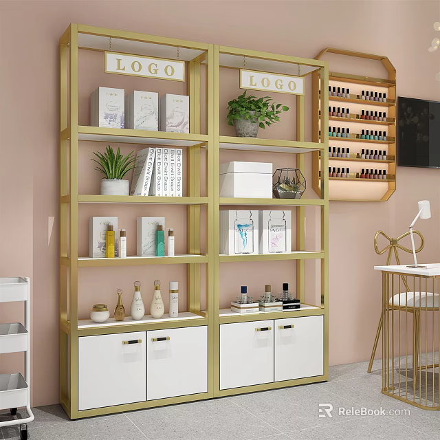 Elegant Gold Frame Display Shelving With Skincare Products Books Green Plants And White Cabinets 3d model 
