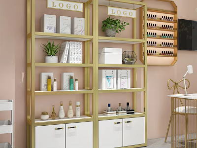 Elegant Gold Frame Display Shelving With Skincare Products Books Green Plants And White Cabinets 3d model