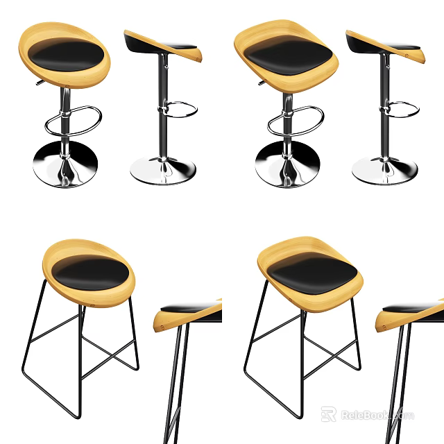 Modern Bar Stools With Yellow Black Seats Metal Frame And Footrest Design 3d model 