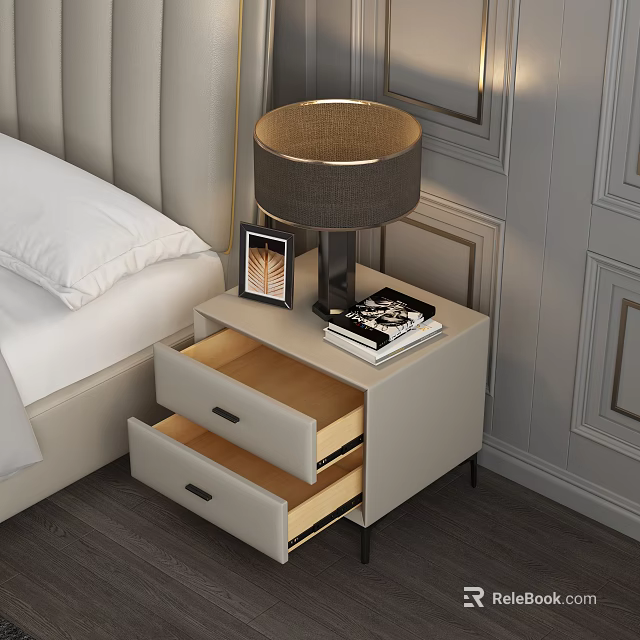 Modern Light Gray Bedside Table With Open Drawers Lamp Photo Frame And Books 3d model 