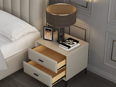 Modern Light Gray Bedside Table With Open Drawers Lamp Photo Frame And Books 3d model