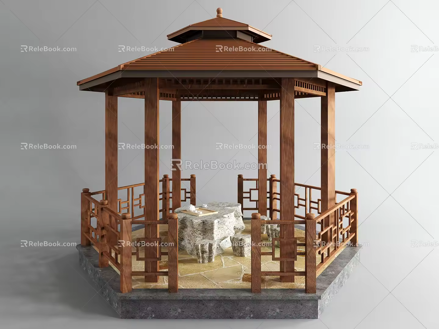 New Chinese Style Pavilion Outdoor Small Building Stone Tables and Chairs 3d model