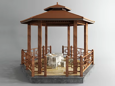 Traditional Wooden Pavilion Featuring Octagonal Brown Roof Wooden Railings And Stone Table Stools 3d model