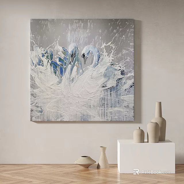 Abstract Swan Painting With White Blue Silver Gray Impasto Texture On Neutral Wall 3d model