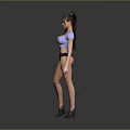Woman in purple top and dark underwear standing against grey background with black shoes