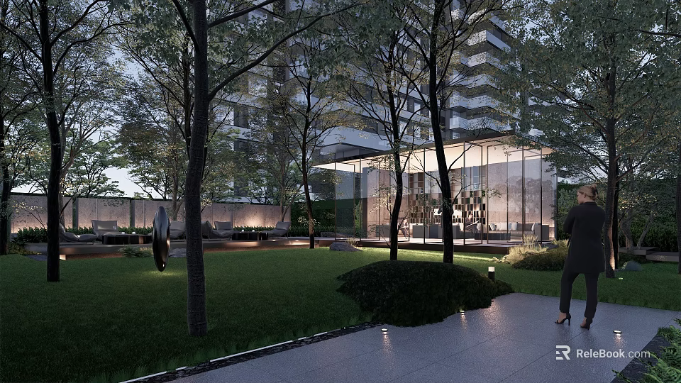 Modern Residential Landscape With High Rise Building Trees Lawn Glass Structure Pathway And Evening Lighting 3d model 