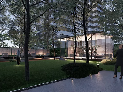 Modern Residential Landscape With High Rise Building Trees Lawn Glass Structure Pathway And Evening Lighting 3d model