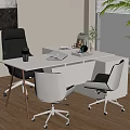 Contemporary Office Desk With Black And White Chairs Coffee Cup Books And Plant By Window
