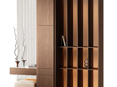 Elegant Modern Wooden Vanity Table Interior Design With Open Bookshelf Table Lamp And Vase 3d model