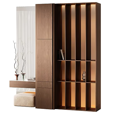 Elegant Modern Wooden Vanity Table Interior Design With Open Bookshelf Table Lamp And Vase 3d model