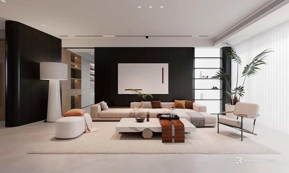 Modern Living Room Interior With Beige Sofa Wooden Coffee Table And Green Plants 3d model 