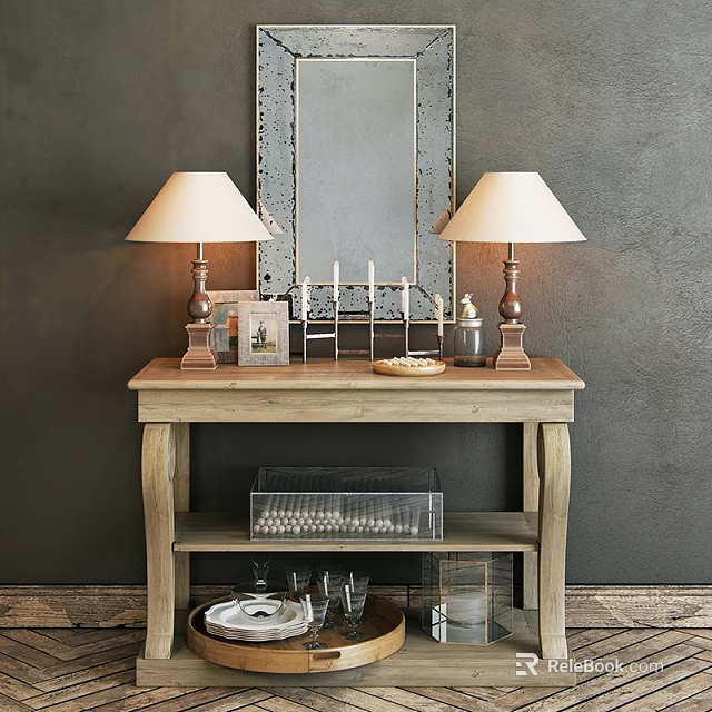 Wooden Console Table With Table Lamps Mirror And Decorative Items On Wall 3d model 