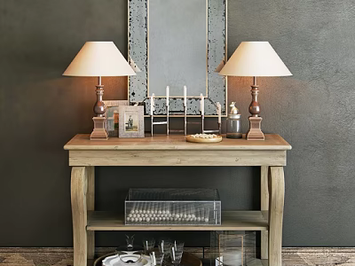 Wooden Console Table With Table Lamps Mirror And Decorative Items On Wall 3d model