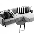 Modern Sectional Sofa With Striped Throw Pillows And Round Side Table 3d model