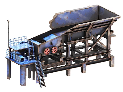Heavy Duty Industrial Crushing Machine with Blue Platform Ladder and Red Rollers 3d model