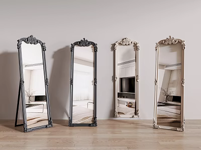 Different Colored Full Length Mirrors With Carved Frames Against Wall Reflecting Interior On Wooden Floor 3d model