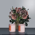 Pink Roses and Green Leaves in Vase with Two White Candles on Gray Tabletop Background