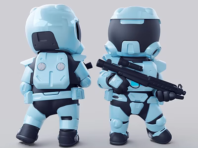 Blue SciFi Robot Figures With Backpack And Rifle Character Toy Collectibles 3d model