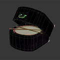 Open Dark Colored Drum Case With Drumhead And Wooden Drumsticks 3d model