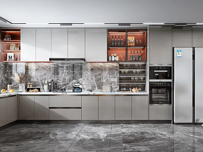 Modern Open Kitchen Interior With White Cabinets Marble Countertop And Stainless Steel Refrigerator 3d model