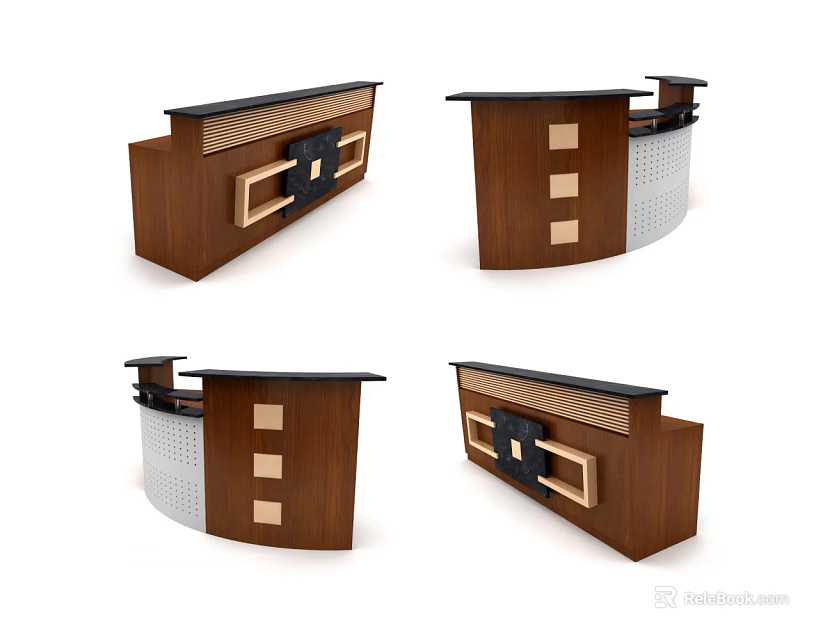Modern Wooden Reception Desk With Black Countertop And Rectangular Accent Panels 3d model