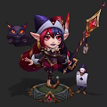 Elf Mage With Cloak And Magic Staff Accompanied By Cat Like Creature And Penguin Companion