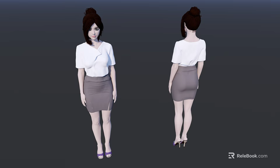 Woman In White Blouse And Gray Skirt With Purple High Heels Front And Back Views 3d model 