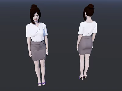 Woman In White Blouse And Gray Skirt With Purple High Heels Front And Back Views 3d model