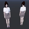 Woman In White Blouse And Gray Skirt With Purple High Heels Front And Back Views