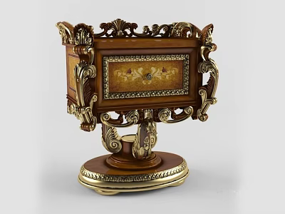 Classical Wooden Nightstand With Intricate Carvings Gold Accents Inlaid Pattern And Pedestal Base 3d model