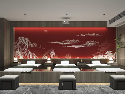 Chinese Style SPA Sauna With Red Landscape Mural And Beds 3d model