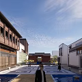 Traditional And Modern Commercial Street With Diverse Roofs Green Spaces And Pedestrian Paths